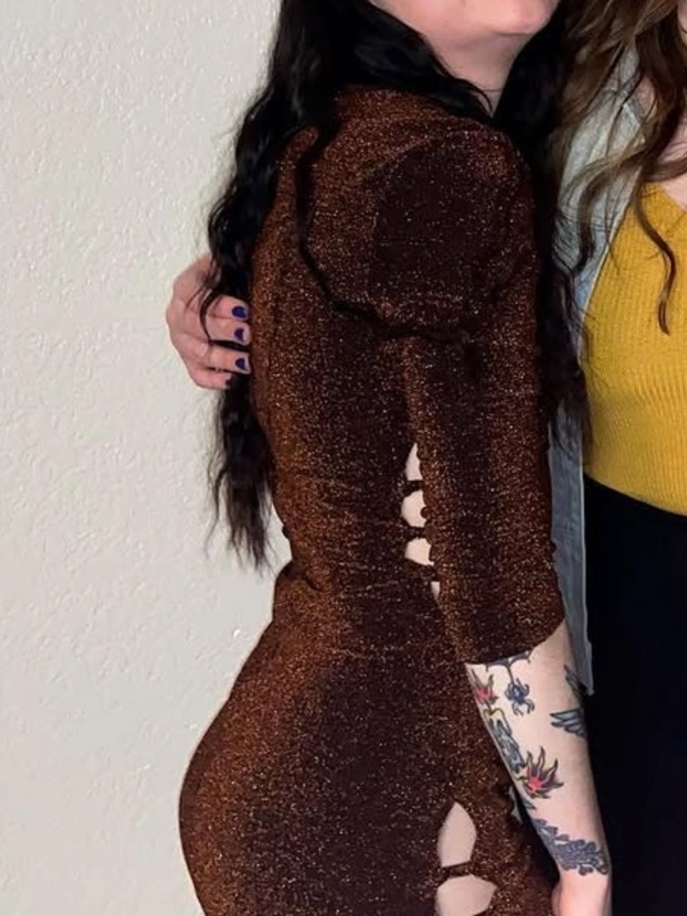 Astr Sparkling Copper-Brown Bronze Mid Sleeve Bodycon Dress Cocktail